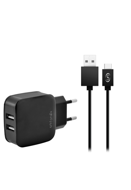 Fonex - Cestovná nabíjacia sada 2xUSB-A/USB-C, 2,1 A, 10 W, čierna