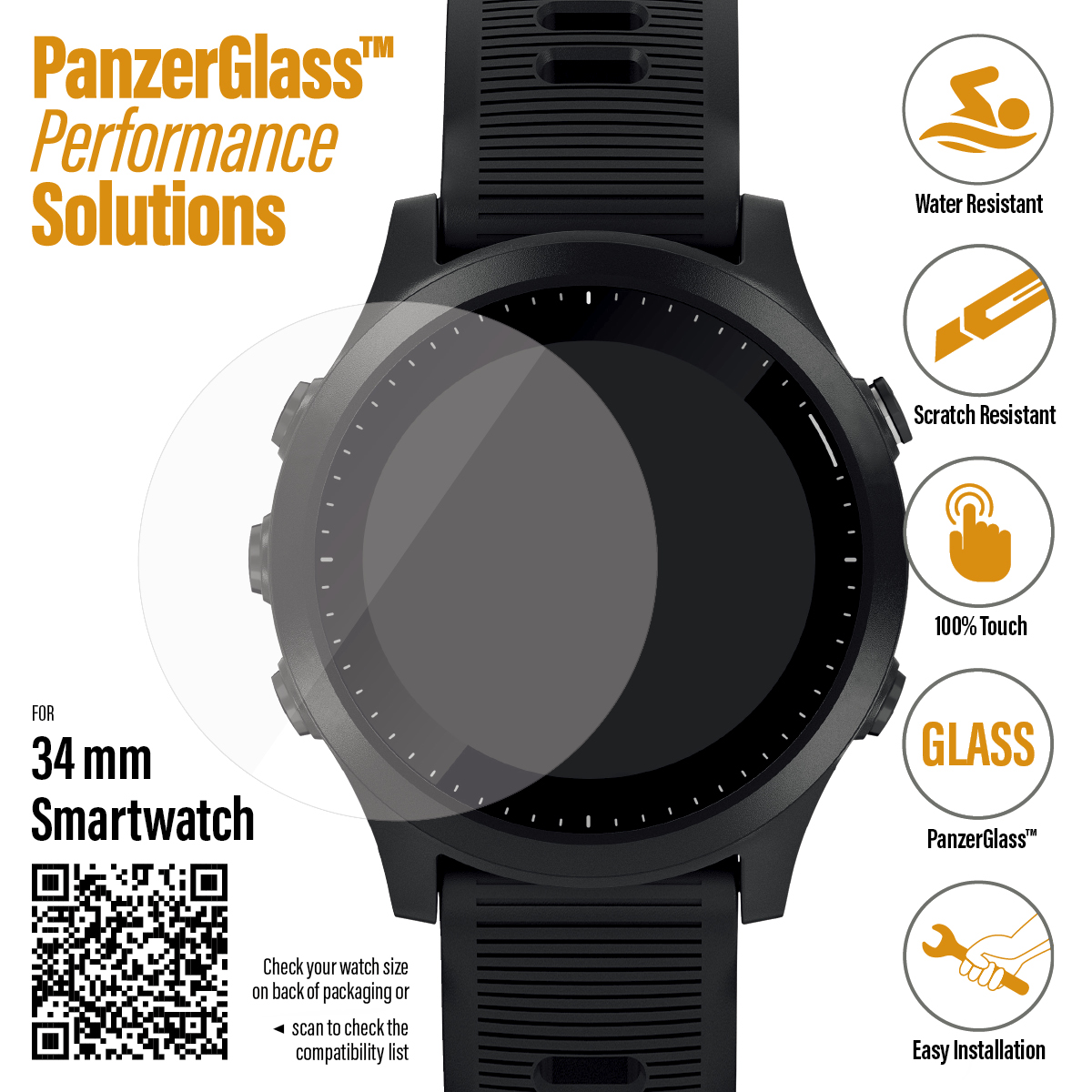 PanzerGlass - Tvrdené sklo Case Friendly pre Smartwatch 34 mm, číra