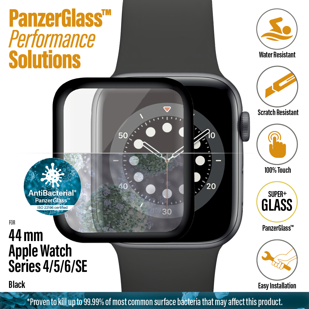 PanzerGlass - Tvrdené sklo Curved Glass pre Apple Watch SE/6/5/4 44 mm, čierna